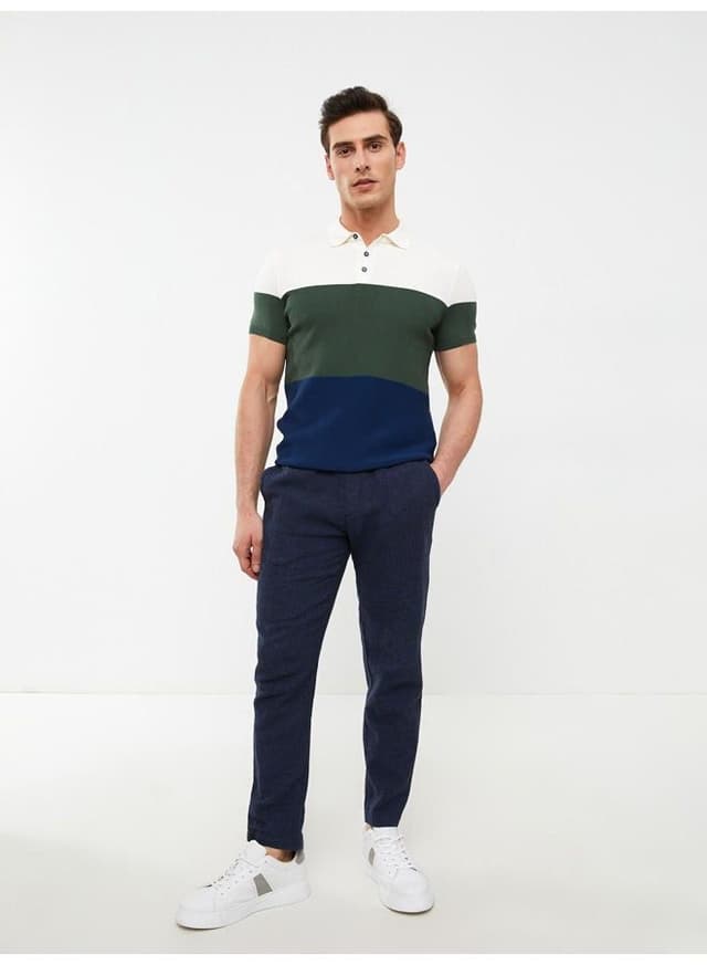 Polo Collar Short Sleeve Color Block Men's Knitwear Sweater