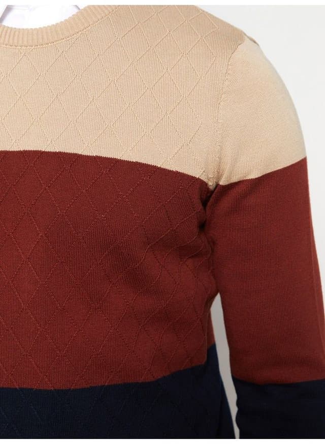 Crew Neck Long Sleeve Men's Tricot Sweater with Color Block